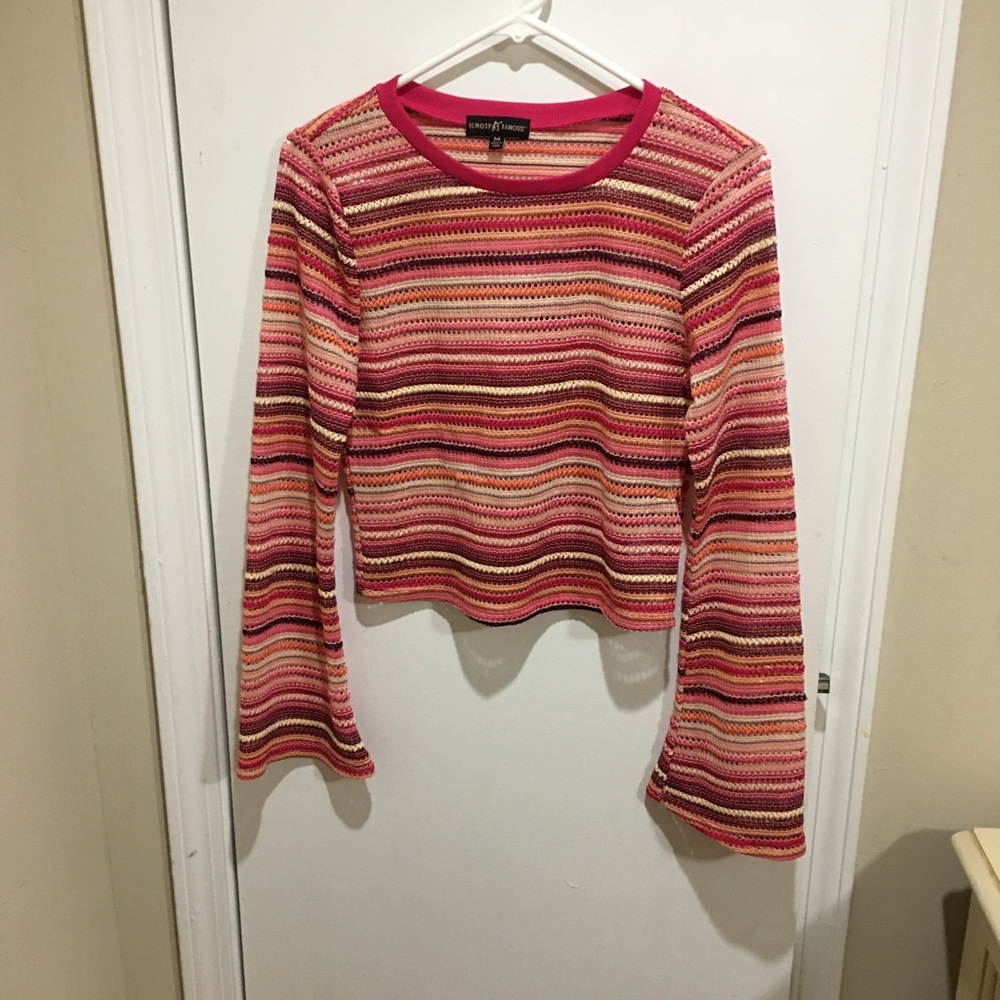 Almost Famous Pink Striped Cropped Long-Sleeve Top Loose Knit
